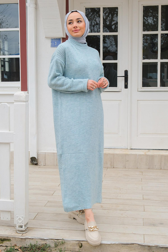 Fitilli Triko Elbise Bebe Mavi