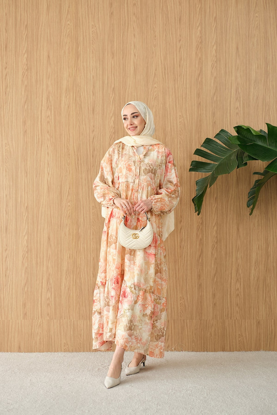 Floral Çiçek Desen Elbise Somon