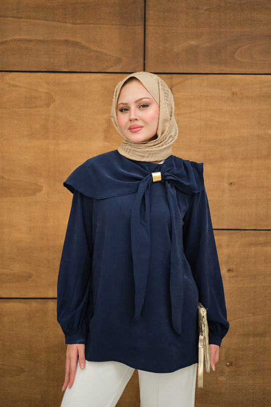 Fular Yaka Cupra Gömlek Lacivert
