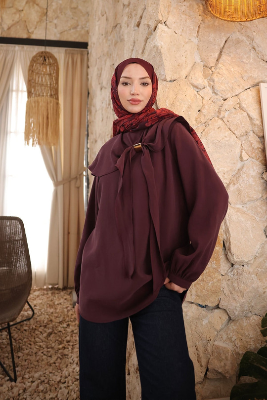 Fular Yaka Cupra Gömlek Mürdüm