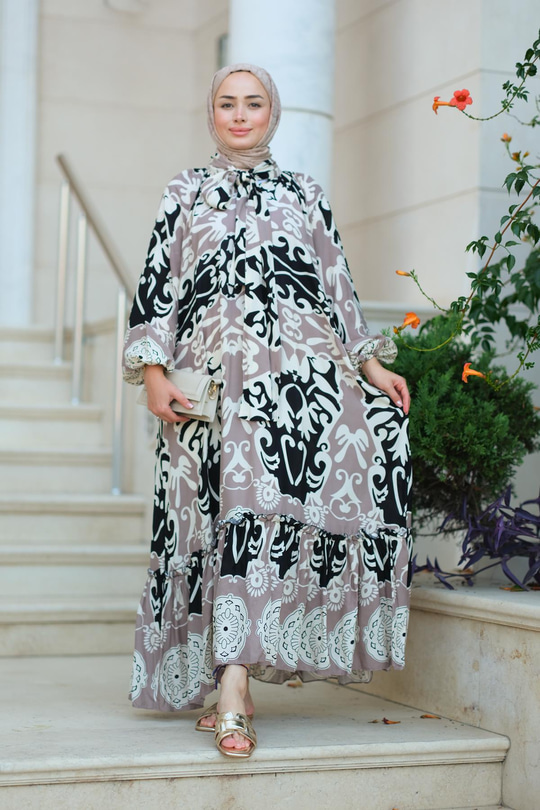 Fularlı Viskon Elbise Siyah