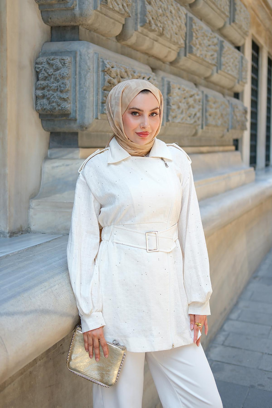 Gabardin Pul Detaylı Ceket Krem