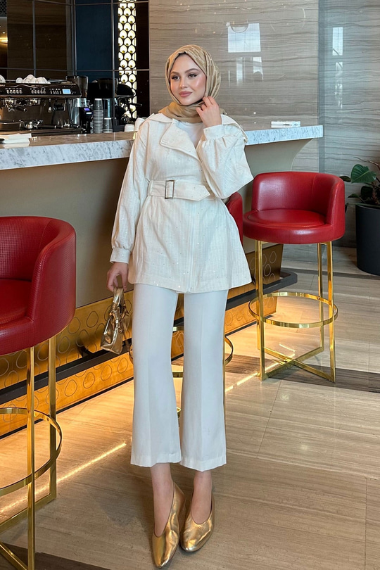 Gabardin Pul Detaylı Ceket Krem