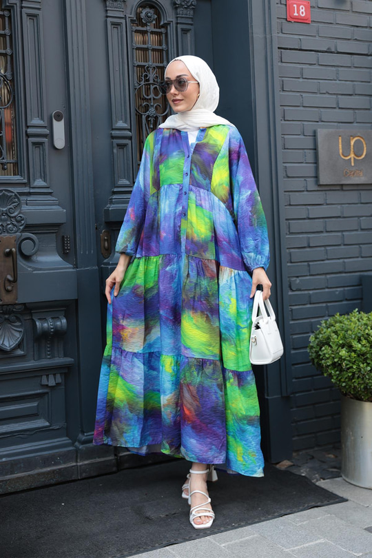 Galaksi Desenli Elbise Yeşil