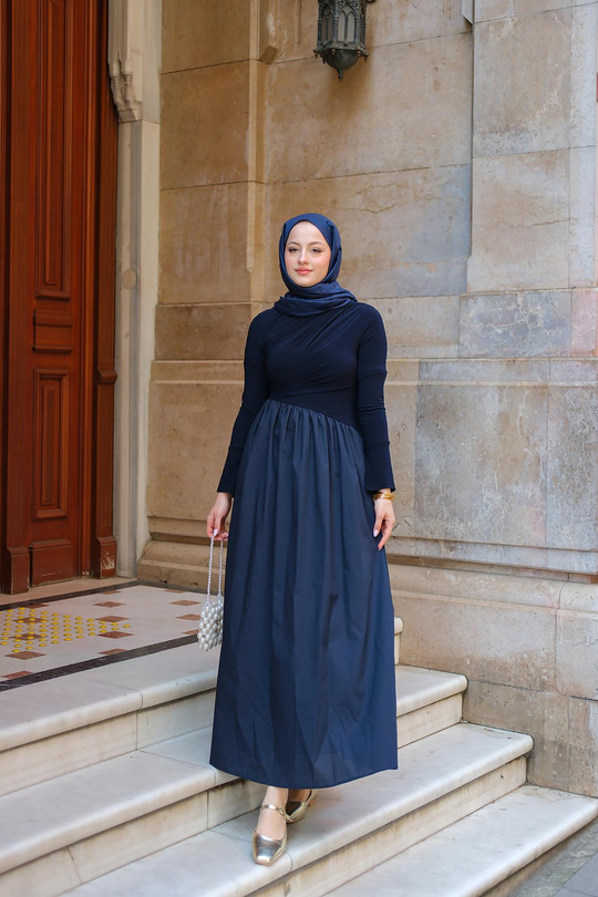 Garnili Asimetrik Elbise Lacivert