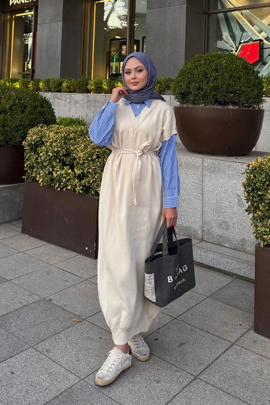 Garnili Triko Elbise Krem