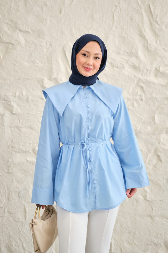 Gemici Yaka Bel Bağlamalı Gömlek Mavi
