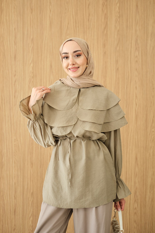 Geniş Katlı Yaka Bel Bağlamalı Tunik Haki Yeşil