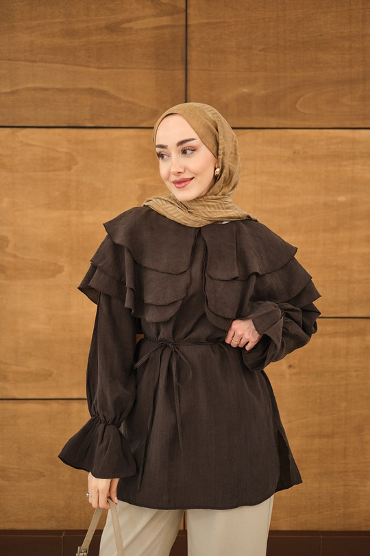 Geniş Katlı Yaka Bel Bağlamalı Tunik Kahverengi