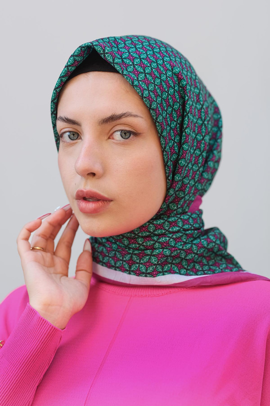 Geometrik Desen Eşarp  Fuşya