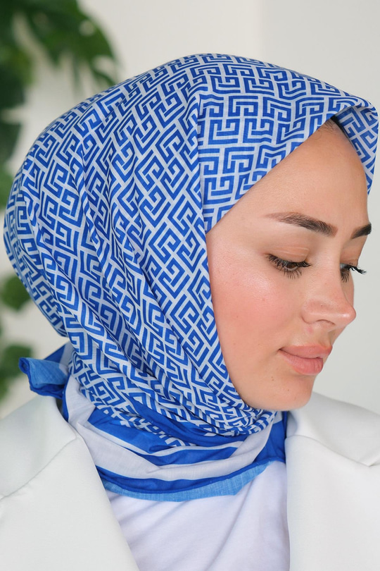 Geometrik Desen Eşarp Saks Mavi