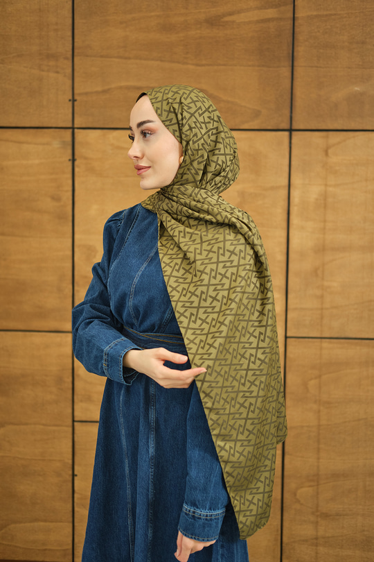 Geometrik Desen Şal Koyu Yağ Yeşil