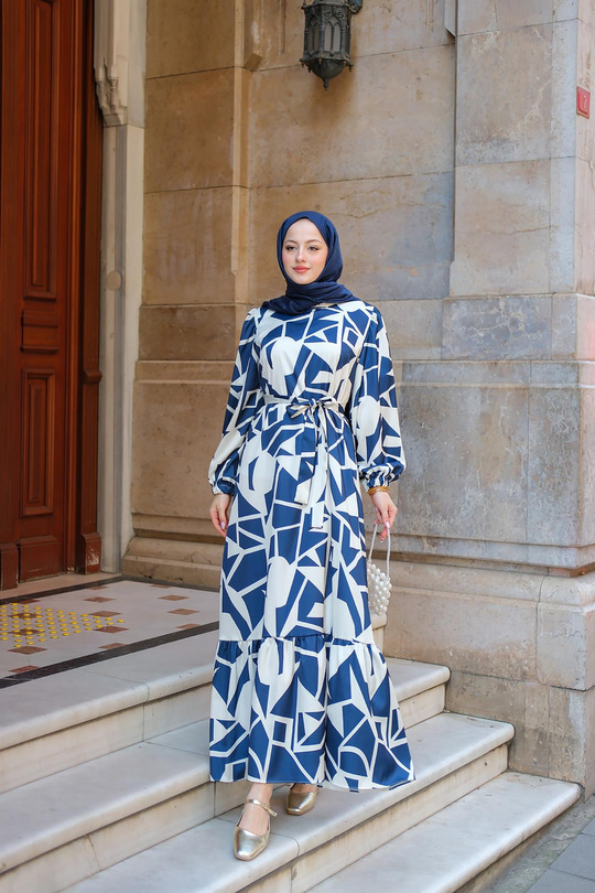 Geometrik Desen Saten Elbise Lacivert