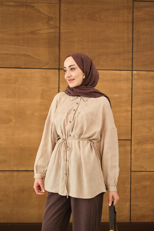 Geometrik Kare Desen Jakar Gömlek Krem