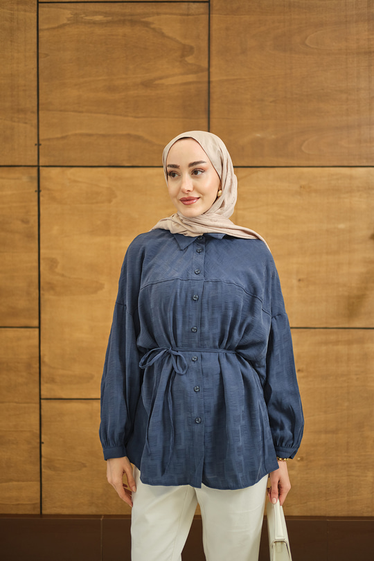 Geometrik Kare Desen Jakar Gömlek Mavi