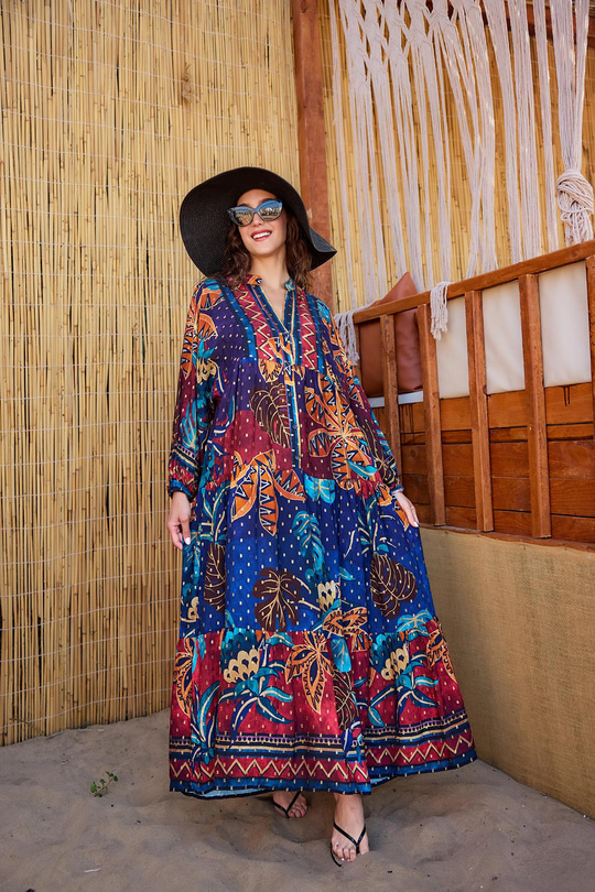 Geometrik Şölen Elbise Lacivert