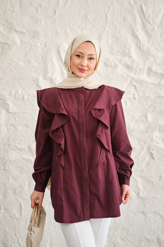 Gizli Düğme Detay Omuzdan Volanlı Gömlek Bordo