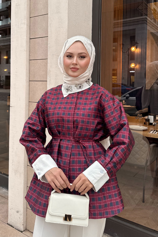 Gizli Düğmeli Bel Bağlamalı Gömlek Bordo