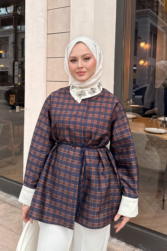 Gizli Düğmeli Bel Bağlamalı Gömlek Lacivert