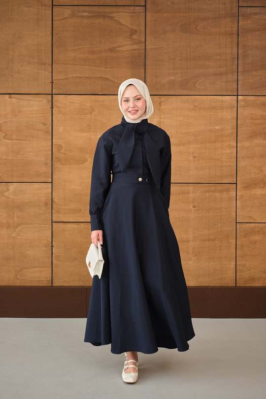 Gizli Düğmeli Çıtçıt Detay Gömlekli Takım Lacivert