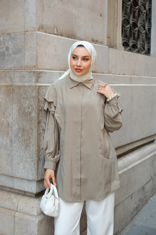 Gizli Düğmeli Fırfır Detay Gömlek Küf Yeşil