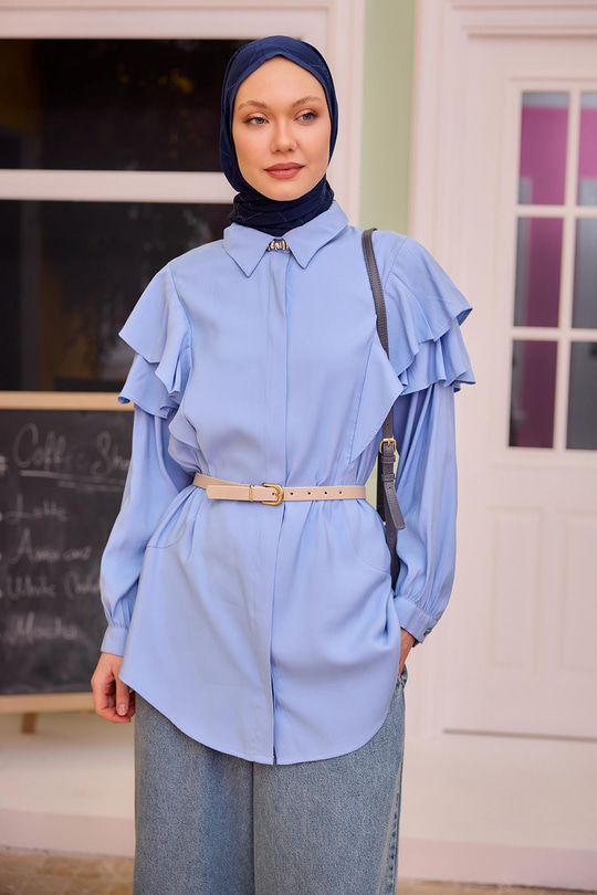 Gizli Düğmeli Püskül Detay Gömlek Açık Mavi