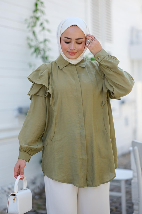 Gizli Düğmeli Püskül Detay Gömlek Haki Yeşil