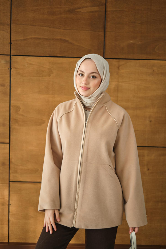 Gizli Fermuar Detay Deri Şeritli Ceket Vizon