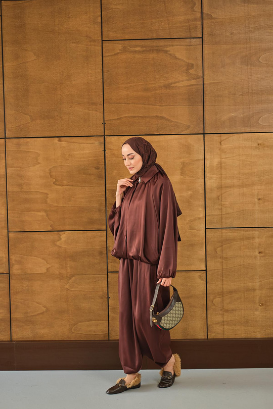 Gizli Fermuar Detay Takım Kahverengi