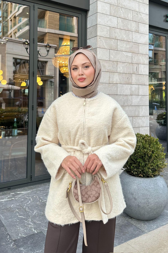 Gizli Fermuarlı Detay Bel Bağlamalı Ceket Krem