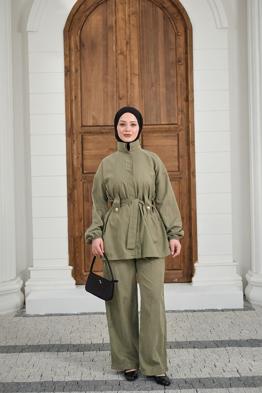 Gizli Fermuarlı Kemerli Pantolonlu Takım Küf Yeşil