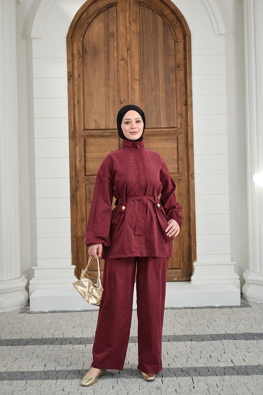 Gizli Fermuarlı Kemerli Pantolonlu Takım Bordo
