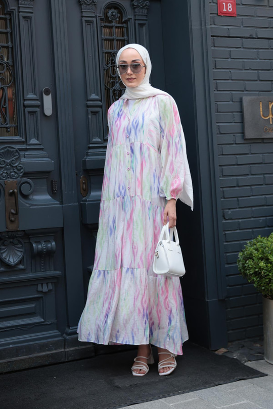 Gökkuşağı Desen Elbise Fıstık Yeşil