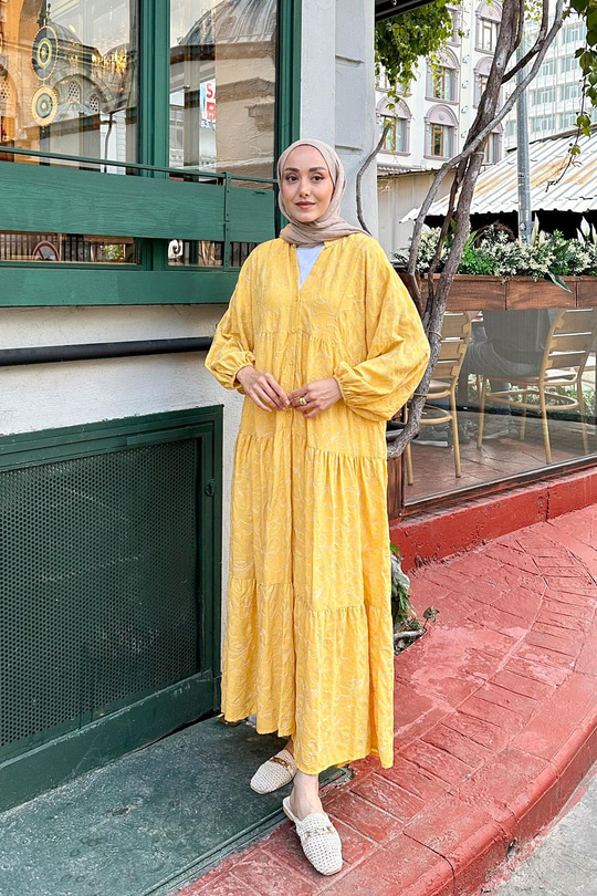 Gold Çicek Nakışlı Elbise Sarı