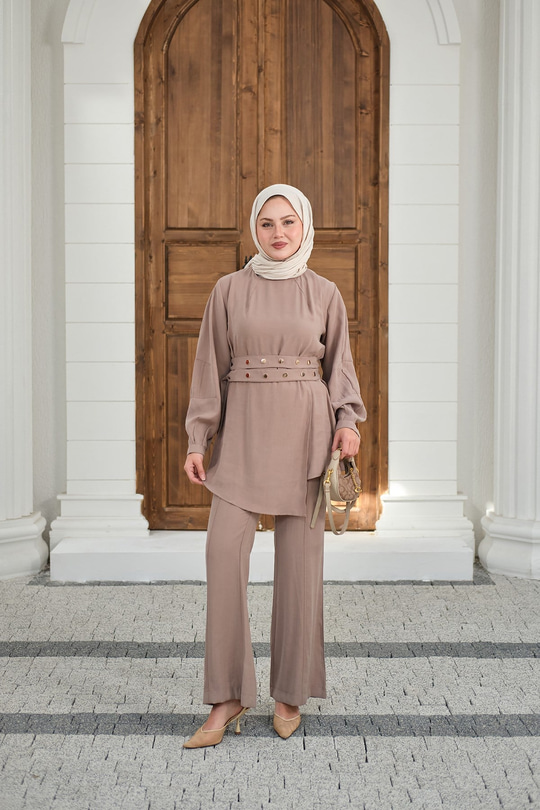 Gold Çıtçıt Kemerli Pantolonlu Takım Taş