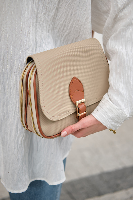Gold Detay Çift Bölmeli Çanta Bej