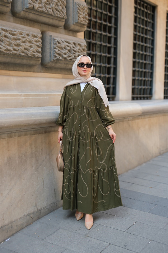 Gold Dikiş Detaylı Elbise Haki Yeşil