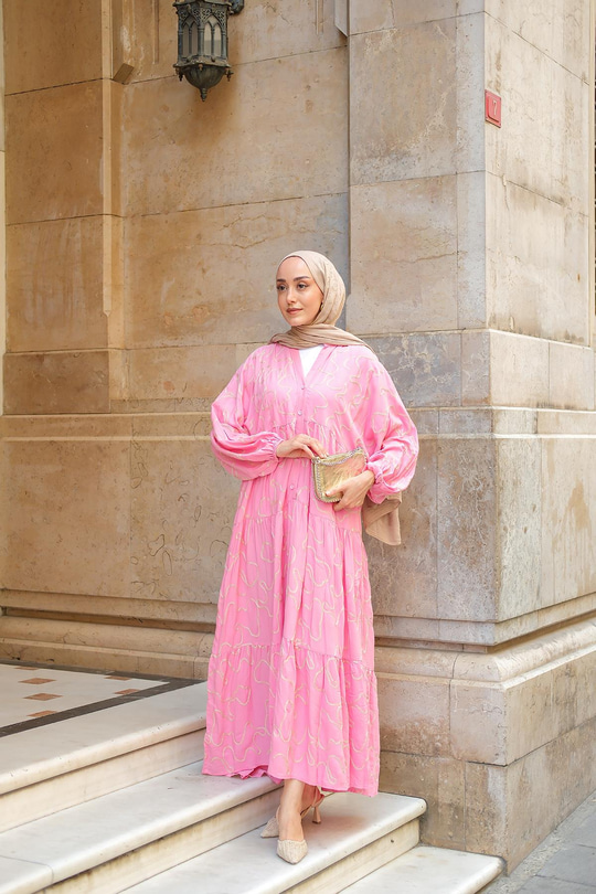 Gold Dikiş Detaylı Elbise Pembe