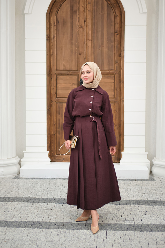 Gold Düğme Detay Etekli Takım Mürdüm