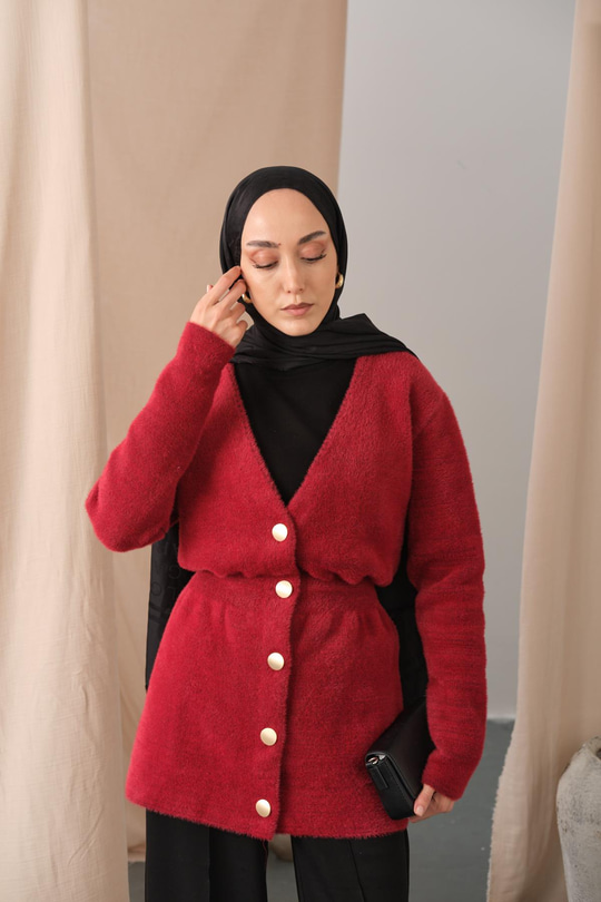 Gold Düğme Detay Hırka Kırmızı