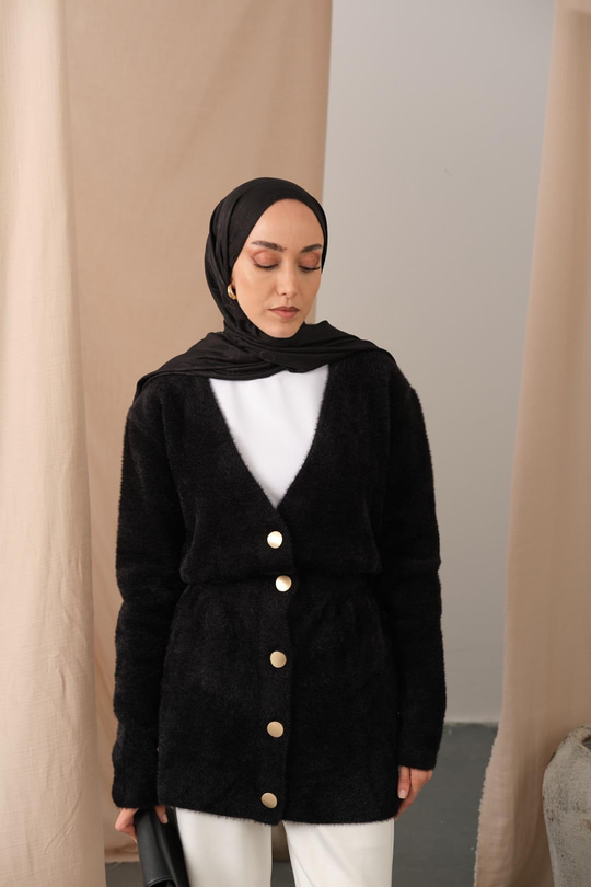 Gold Düğme Detay Hırka Siyah