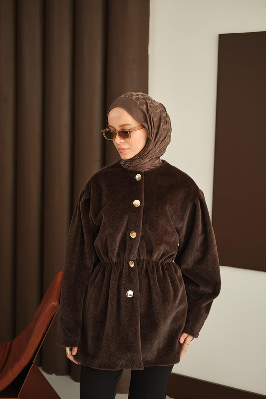 Gold Düğme Detay Kısa Kaban Kahverengi