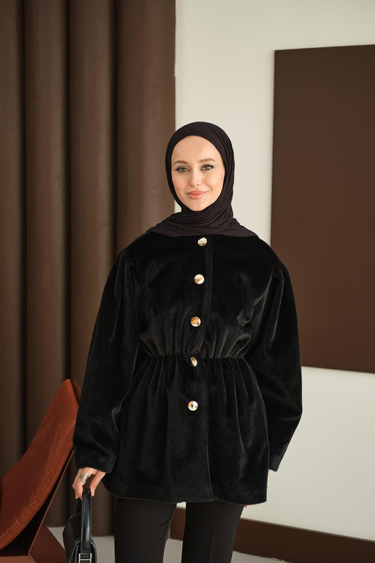 Gold Düğme Detay Kısa Kaban Siyah