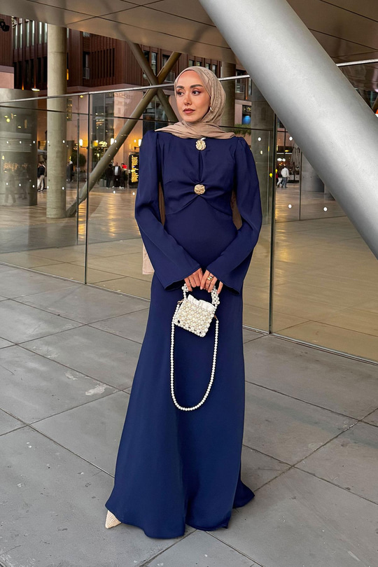 Gold Düğme Saten Elbise  Lacivert