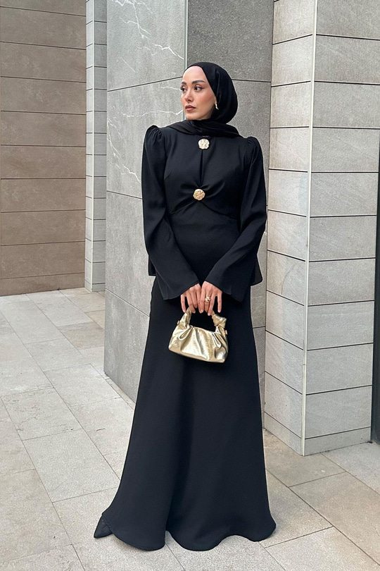 Gold Düğme Saten Elbise  Siyah