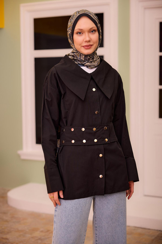 Gold Düğme Ve Kemer Detaylı Gömlek Siyah