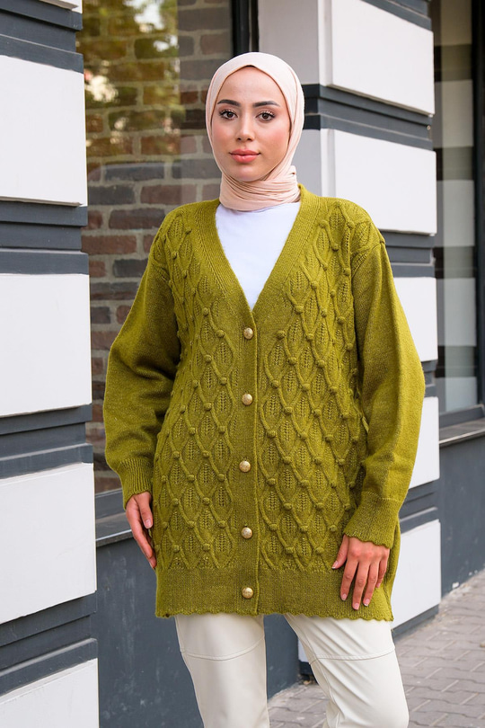 Gold Düğmeli Örme Hırka Fıstık Yeşil