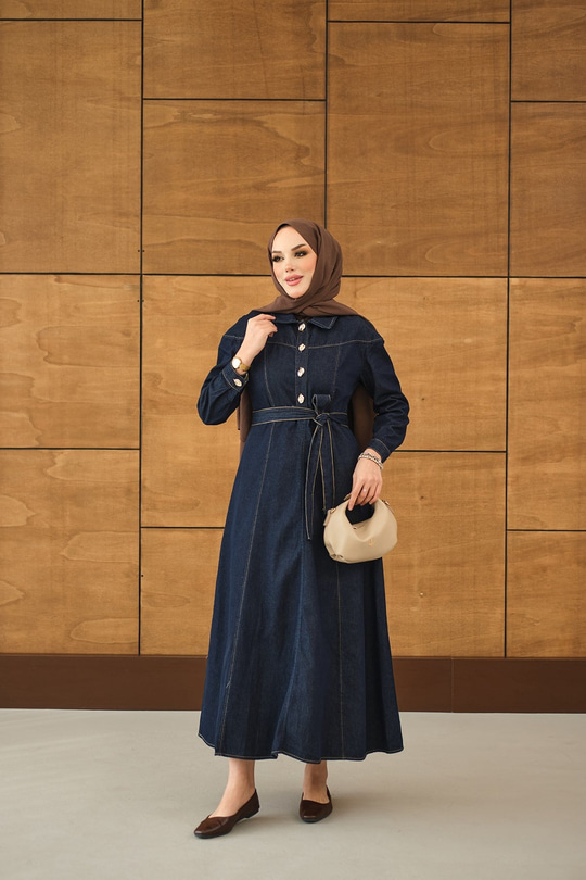 Gold Yarım Düğme Detaylı Bel Bağlamalı Kot Elbise Lacivert