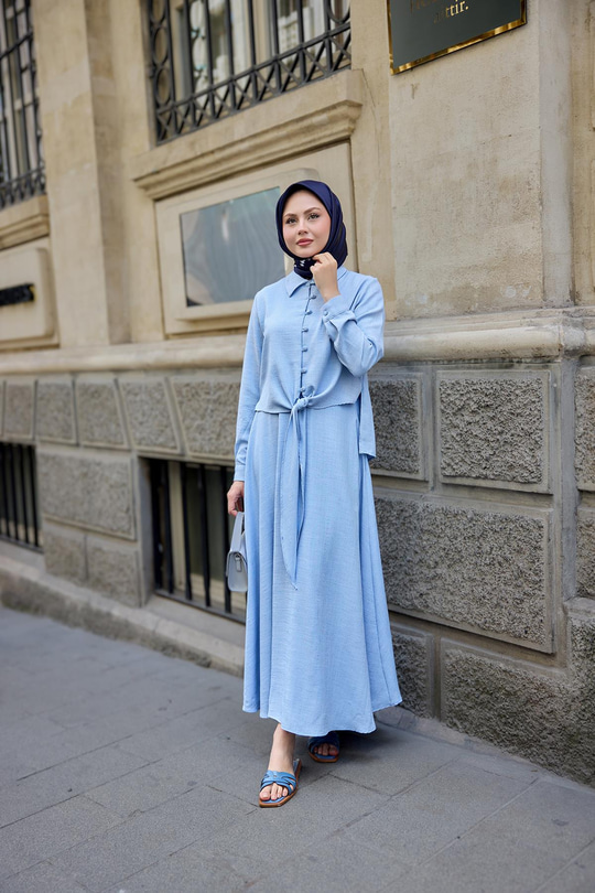 Gömleği Bağlamalı Keten Takım Açık Mavi