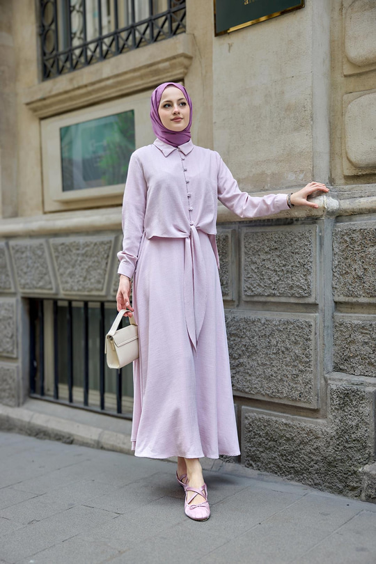 Gömleği Bağlamalı Keten Takım Pembe